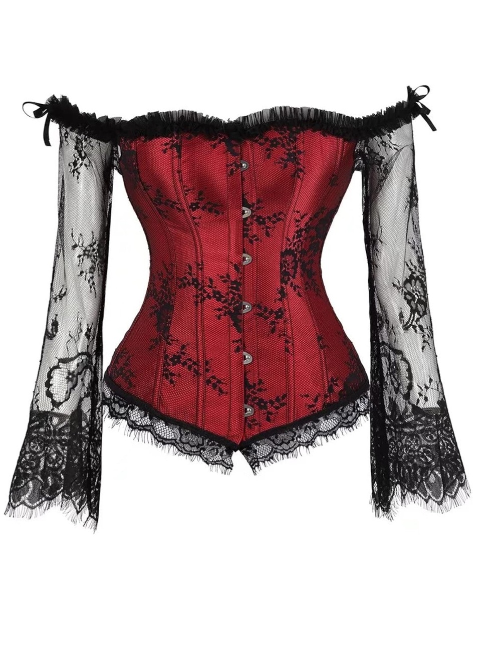 Corset Top with Sleeves Bustier Lace Floral Overlay Waist Training Costume